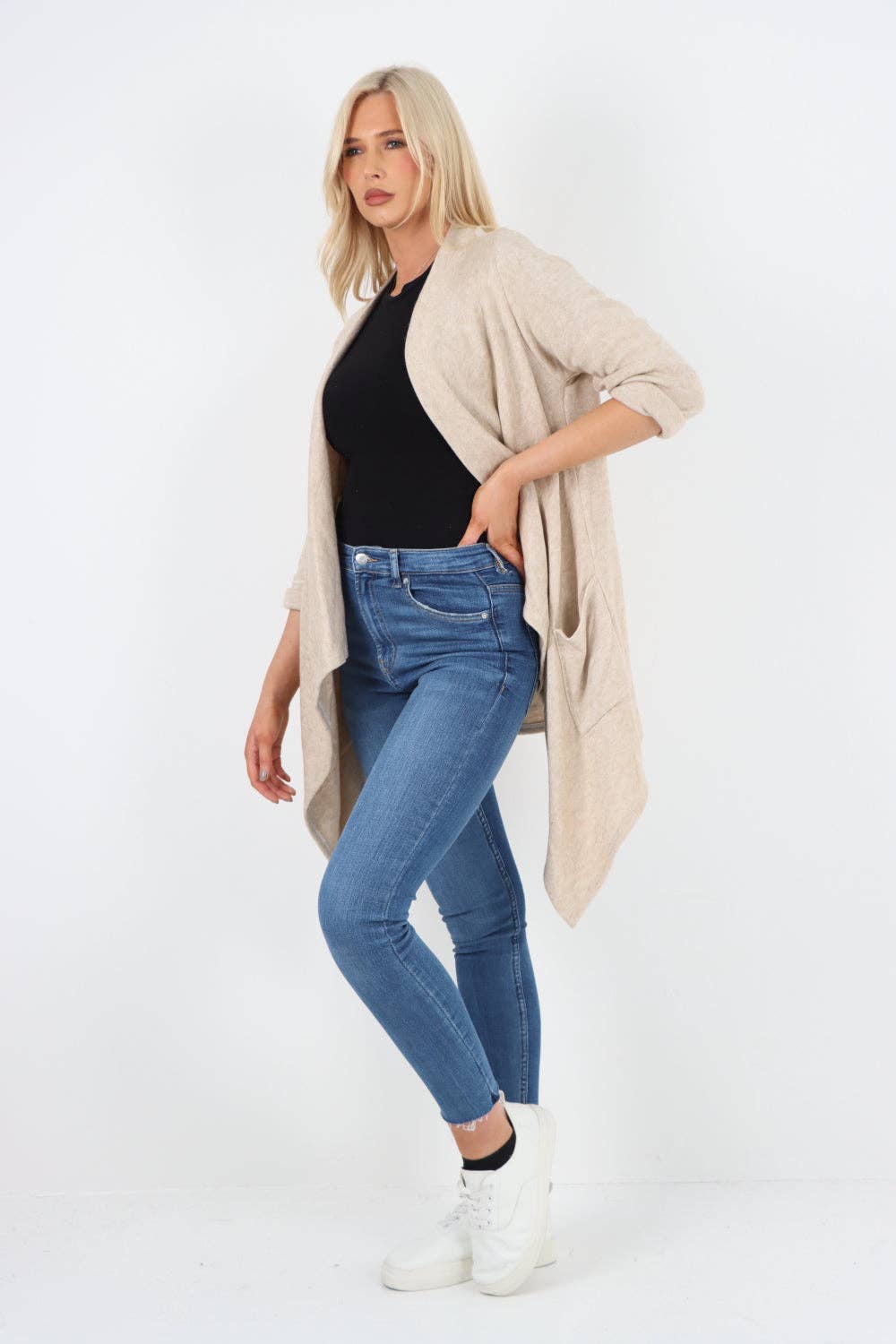 Italian Soft Knit Open Front Cardigan: Beige