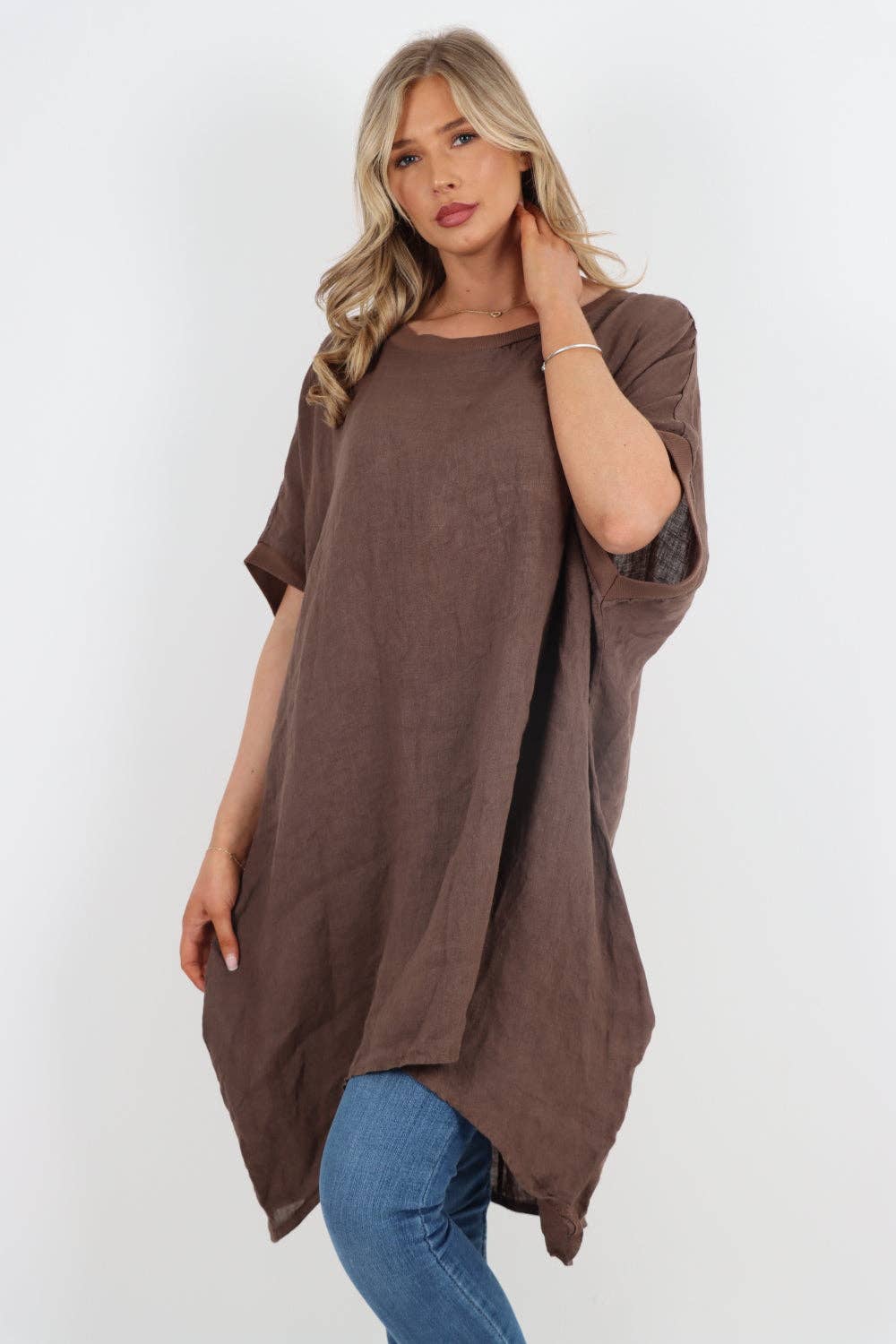 Italian Lagenlook Linen Plain Baggy Tunic Top: Brown / One Size
