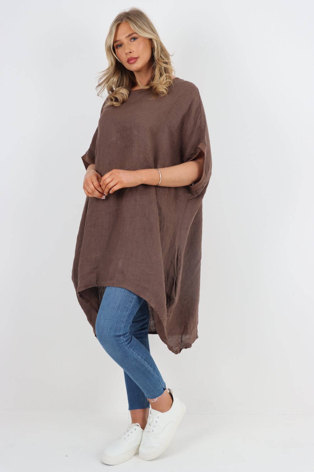 Italian Lagenlook Linen Plain Baggy Tunic Top: Brown / One Size