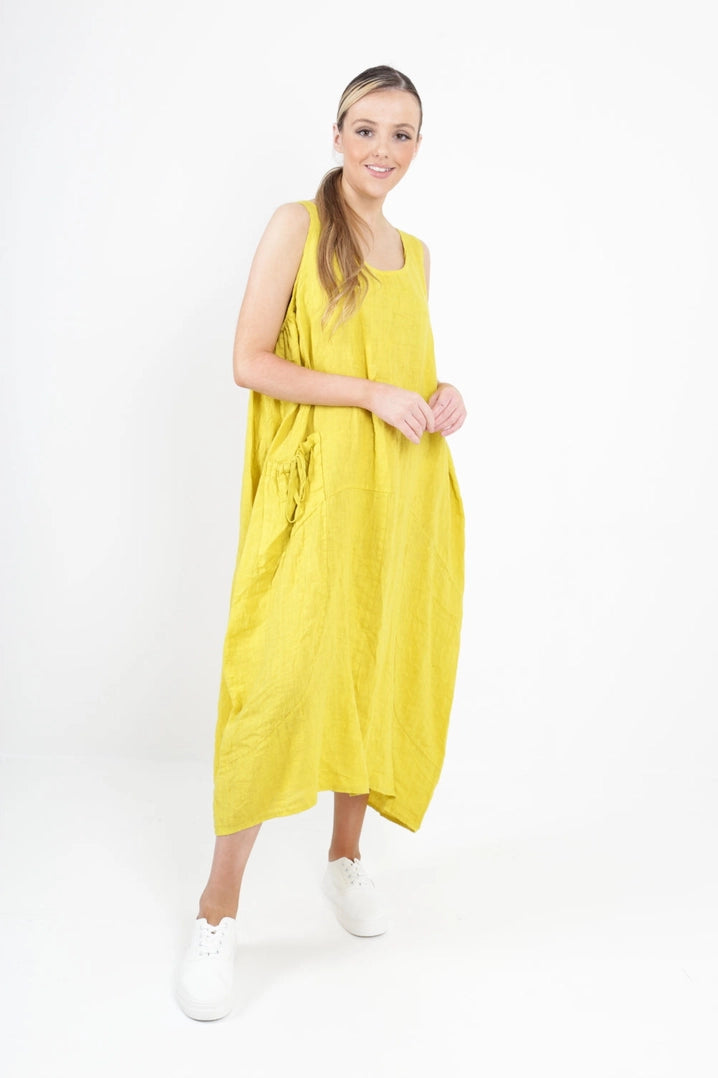 Italian Linen Sleeveless Pocket Vest Dress: Mustard / One Size