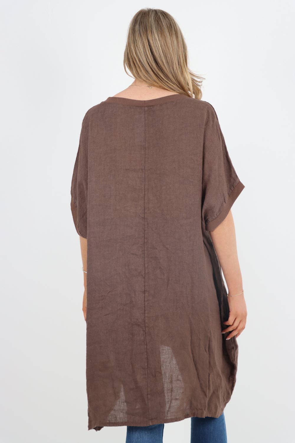Italian Lagenlook Linen Plain Baggy Tunic Top: Brown / One Size