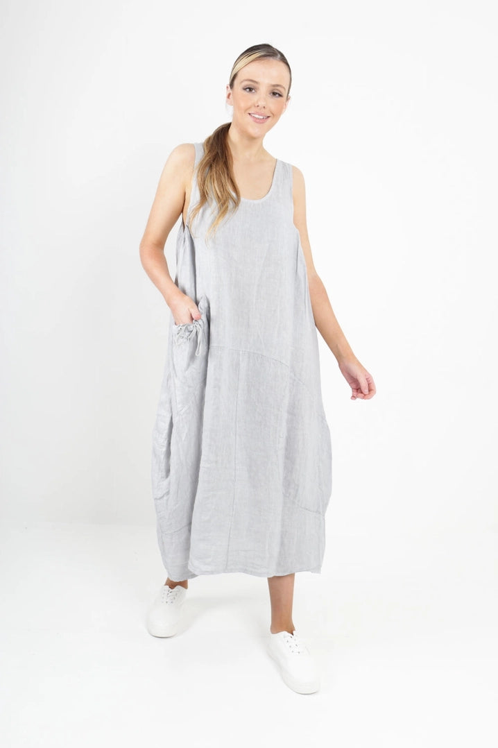 Italian Linen Sleeveless Pocket Vest Dress: Light Grey / One Size