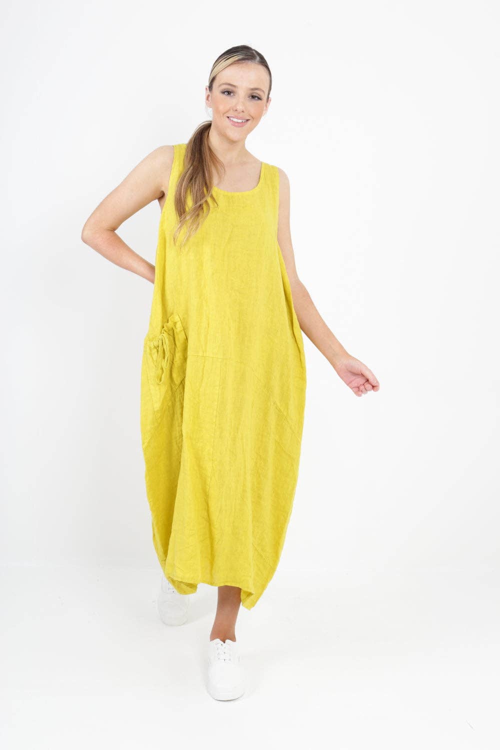 Italian Linen Sleeveless Pocket Vest Dress: Mustard / One Size