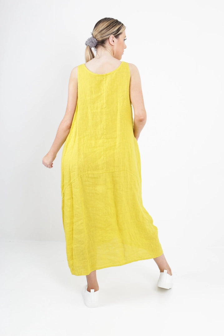 Italian Linen Sleeveless Pocket Vest Dress: Mustard / One Size