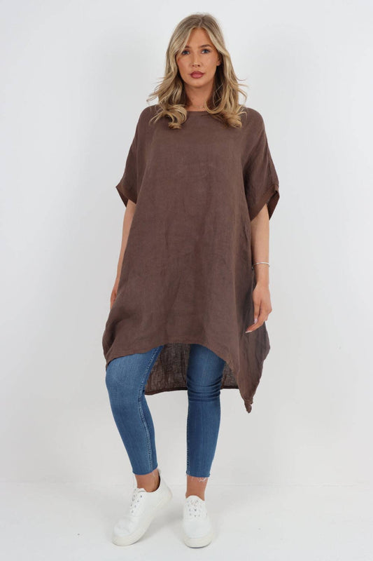 Italian Lagenlook Linen Plain Baggy Tunic Top: Brown / One Size