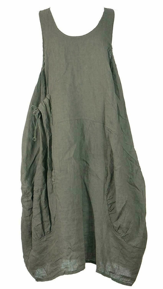 Italian Linen Sleeveless Pocket Vest Dress: Khaki / One Size