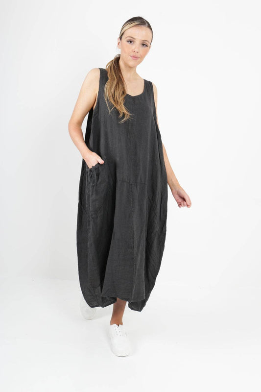 Front of sleeveless linen maxi dress in dark grey