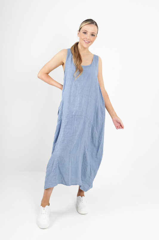 Italian Linen Sleeveless Pocket Vest Dress: Royal Blue / One Size