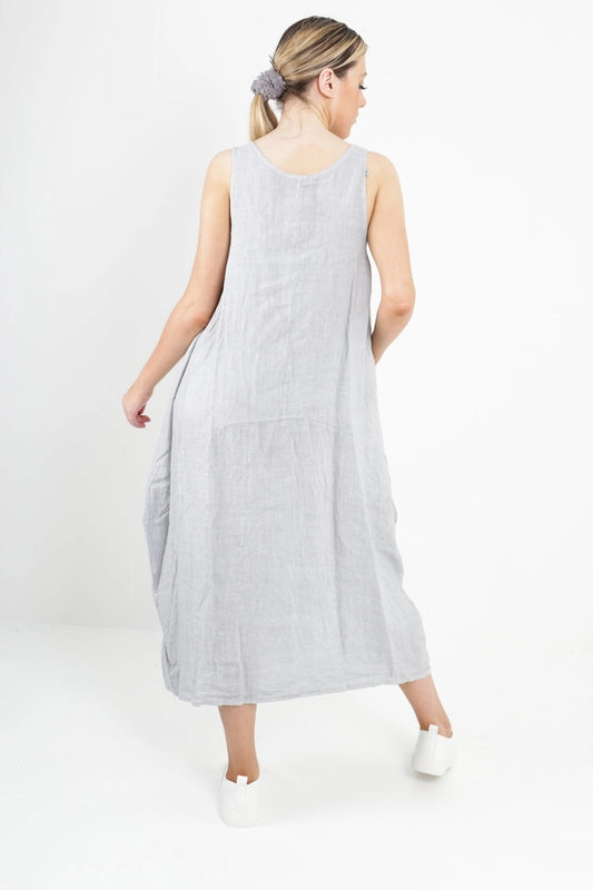 Italian Linen Sleeveless Pocket Vest Dress: Light Grey / One Size