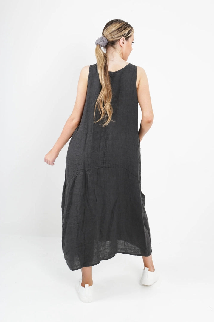 Back of sleeveless linen maxi dress in dark grey